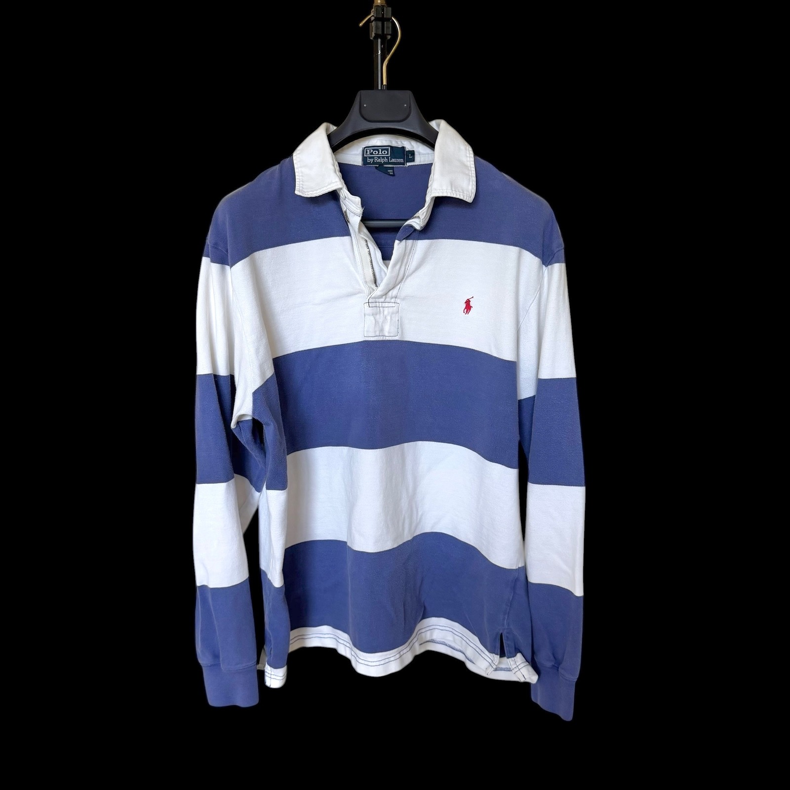 90's Polo Ralph Lauren Mens Blue Striped Quarter Zip Rugby Shirt L Cotton